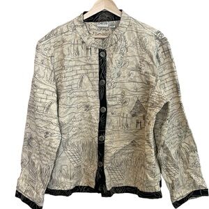 Chico's Linen Embroidered Village Scene Lightweight Button Front Blazer Size XL